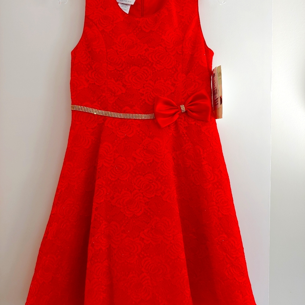 Bonnie Jean Girls Dress Red Lace With Glitter, Size 16